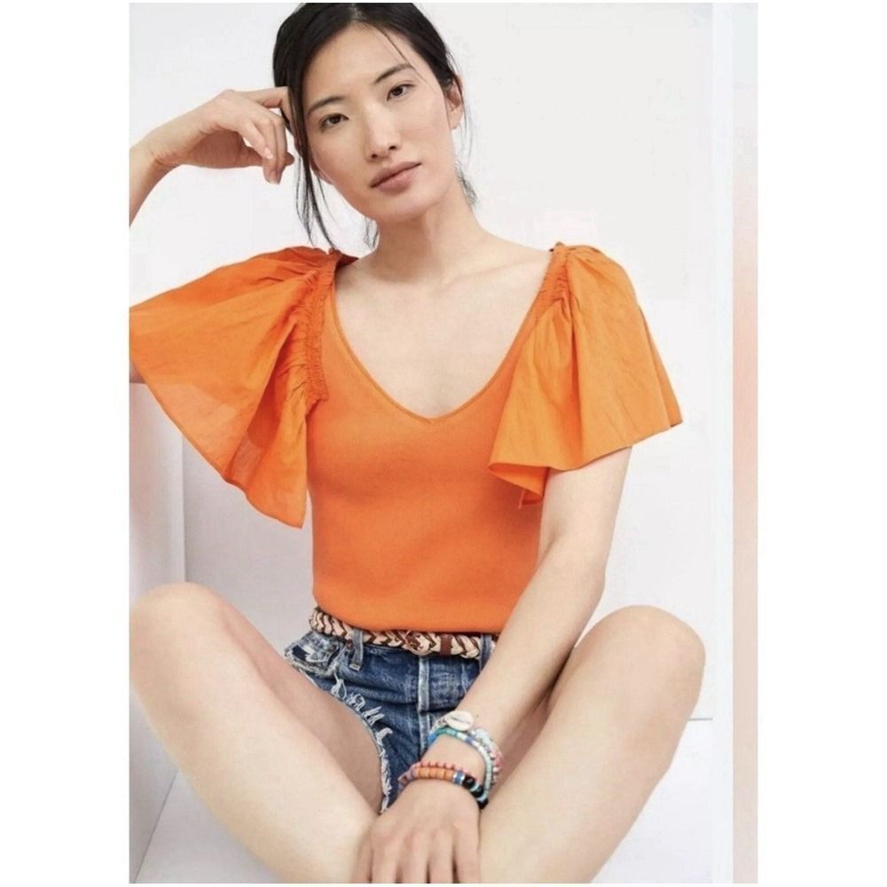Anthropologie Maeve Orange Ribbed Flounce Sleeve. Sz XS.